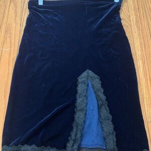 Betsey Johnson Dark Blue Velvet Pencil Skirt with Black Lace